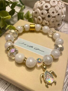 Ivory Faceted Quartz 10mm and crystal with gold accents and Sea Turtle charm